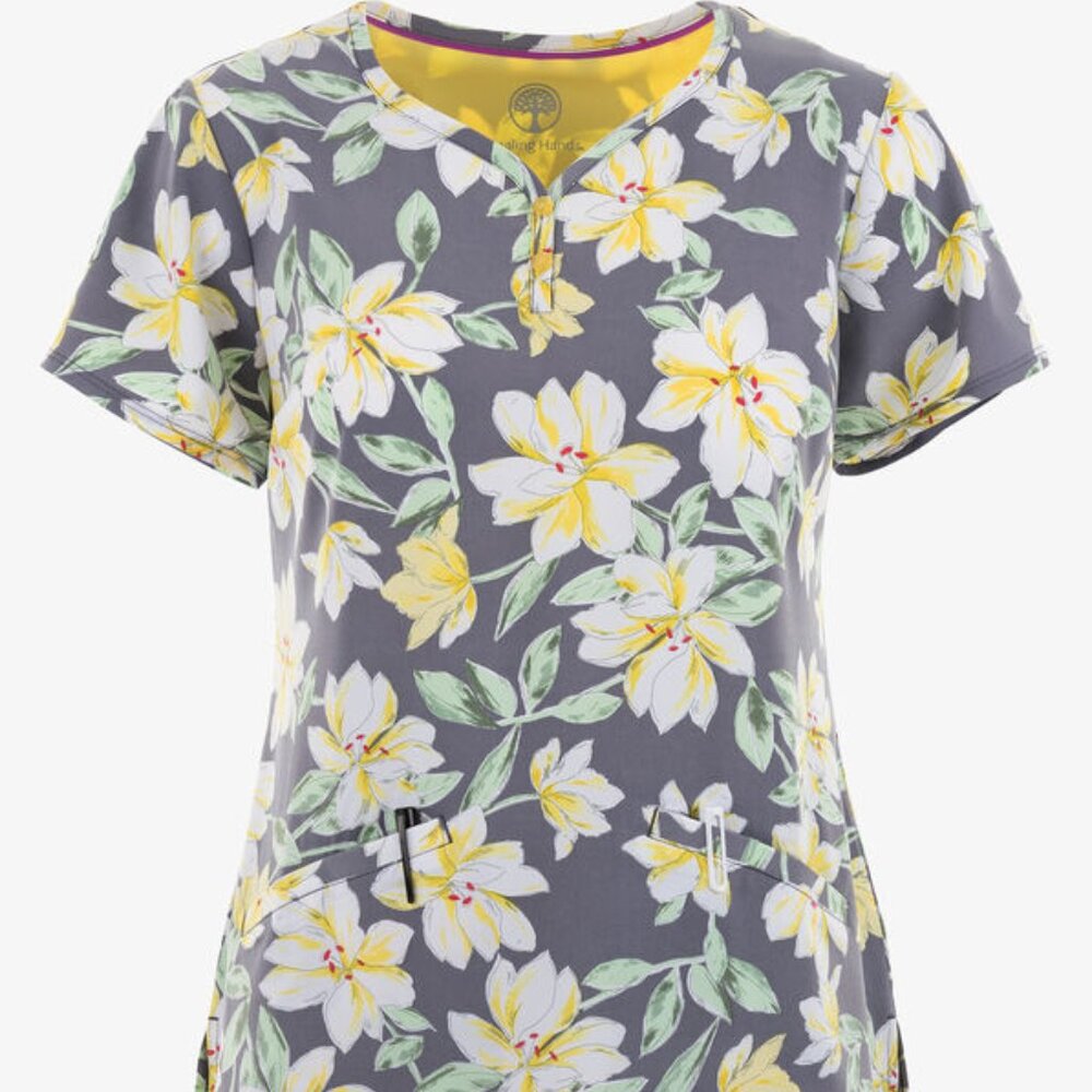 Healing Hands Premiere Sunny Azalea Floral Women's 2-Pocket STRETCH Y-Neck Print